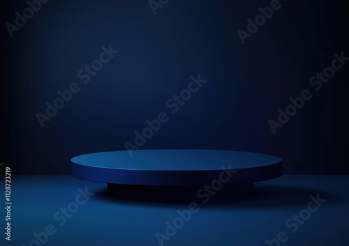 A circular blue platform sits in a dimly lit space, providing a modern backdrop for showcasing products or art. The minimal design emphasizes creativity and innovation.