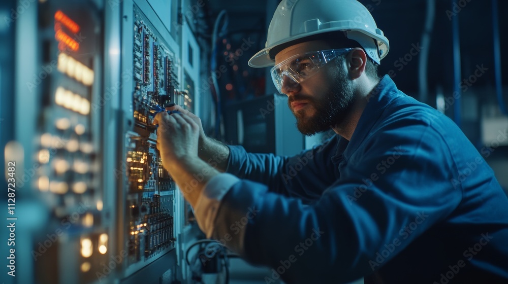 Electrical engineer working on control panel in modern industrial setting during evening hours Electrical engineer working on control panel in modern industrial setting during evening hours