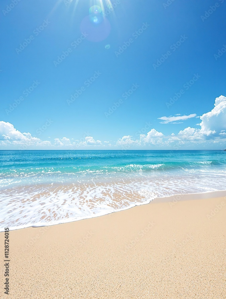 Fototapeta premium Fine sandy beach with gentle blue ocean wave under a clear blue sky, natural scenery, sunny day., fine sandy beach