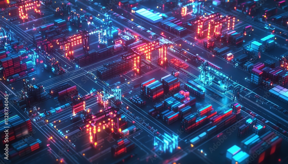Isometric view of a bustling global trade hub Isometric view of a bustling global trade hub