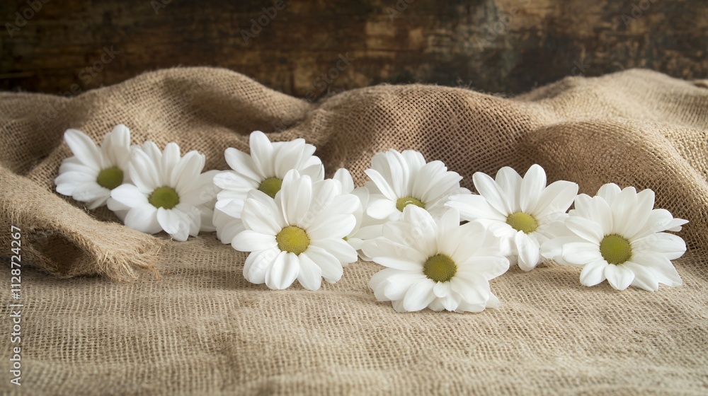 A simple composition of white daisies lying on a burlap cloth, with a distressed wooden backdrop A simple composition of white daisies lying on a burlap cloth, with a distressed wooden backdrop