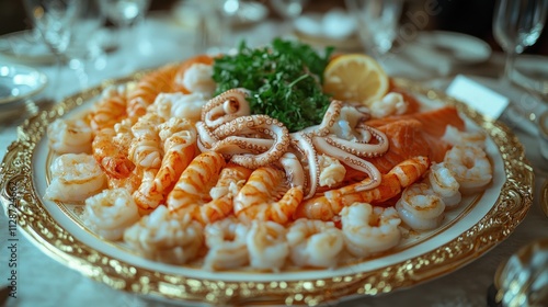 Elegant seafood platter with shrimp, salmon, and octopus. photo