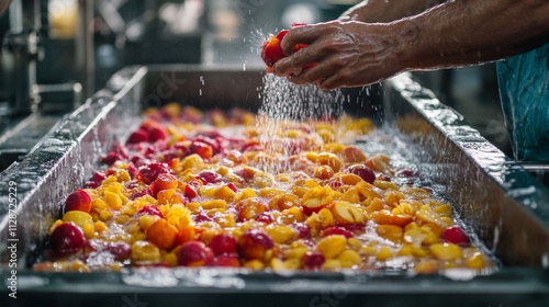 A Hand Washing Peaches in a Watery Conveyor Belt photo