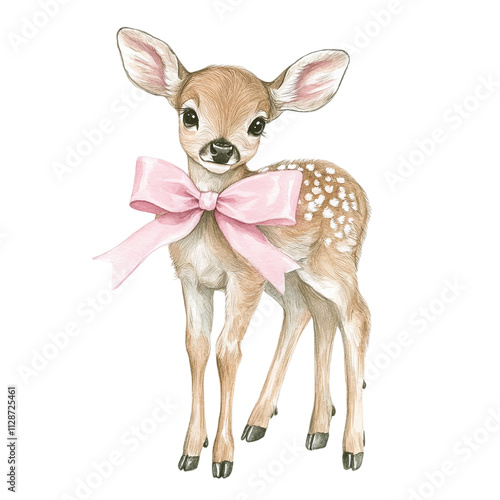 A watercolor illustration of a standing baby deer with a pink bow. Perfect for posters, prints, t-shirts, postcards, and festive holiday decorations