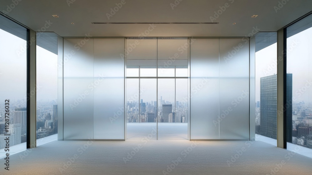 Modern Office with Cityscape View through Large Windows Modern Office with Cityscape View through Large Windows