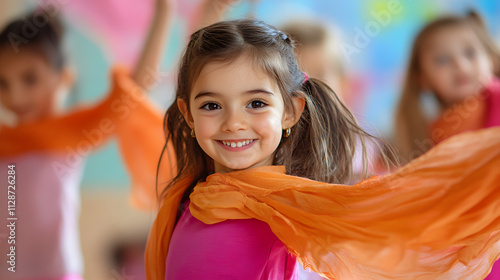 A dynamic kindergarten dance session with children twirling scarves and smiling brightly.