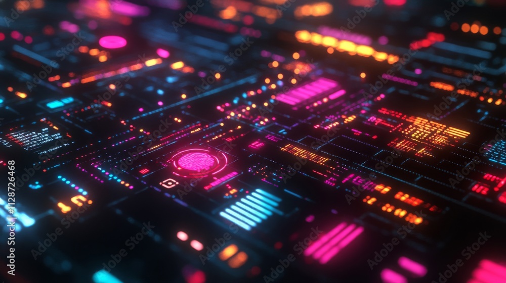 Futuristic Tech Interface with Glowing Neon Lights and Brain Icon Futuristic Tech Interface with Glowing Neon Lights and Brain Icon