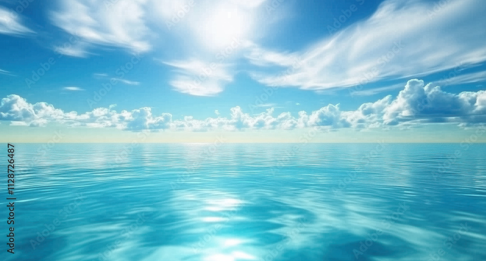 Obraz premium A serene ocean scene with clear blue waters and a bright sky. The water reflects the vibrant colors of the clouds above, creating an atmosphere that evokes tranquility and relaxation. a sense of peace