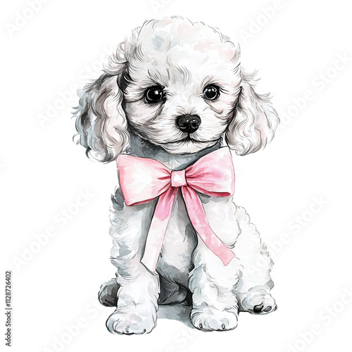 A watercolor illustration of a fluffy white poodle puppy with a pink bow, radiating cuteness and charm. Perfect for greeting cards, posters, sublimation designs, and festive crafts