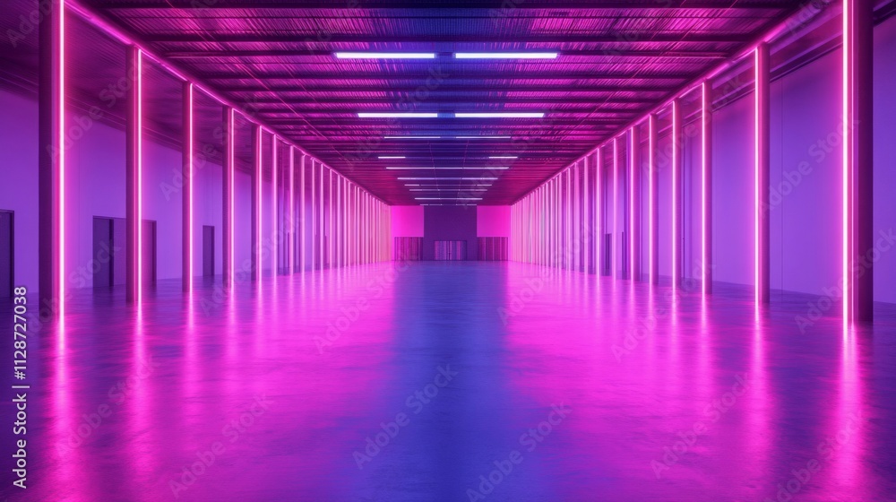 Neon-Lit Industrial Hallway with Pink and Blue Lighting Neon-Lit Industrial Hallway with Pink and Blue Lighting