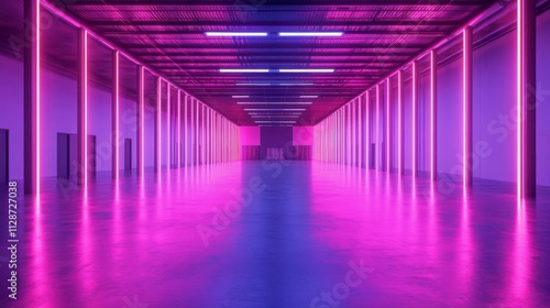 Neon-Lit Industrial Hallway with Pink and Blue Lighting