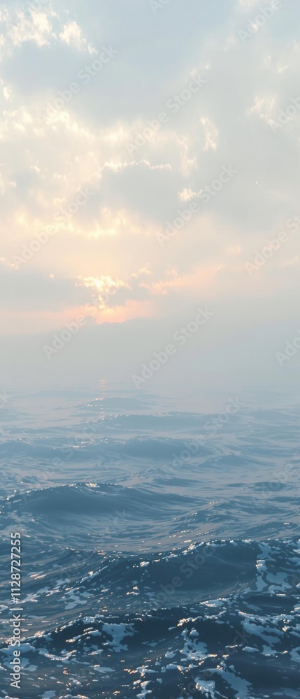 Misty morning fog rolling in over a light blue ocean, foggy, atmospheric Misty morning fog rolling in over a light blue ocean, foggy, atmospheric