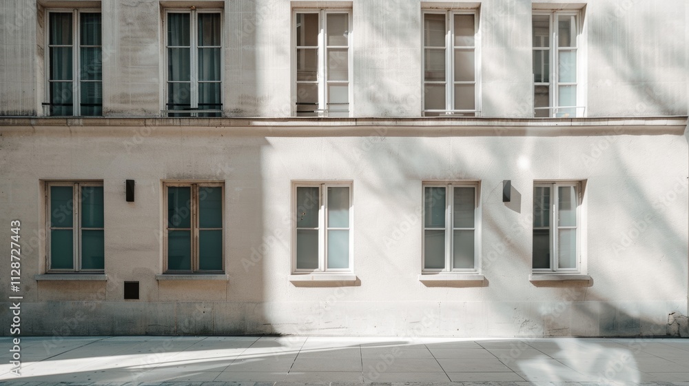 Obraz premium Parisian minimalist building, facing a wall with windows and doors, sunny afternoon light, serene urban scene, no people present.