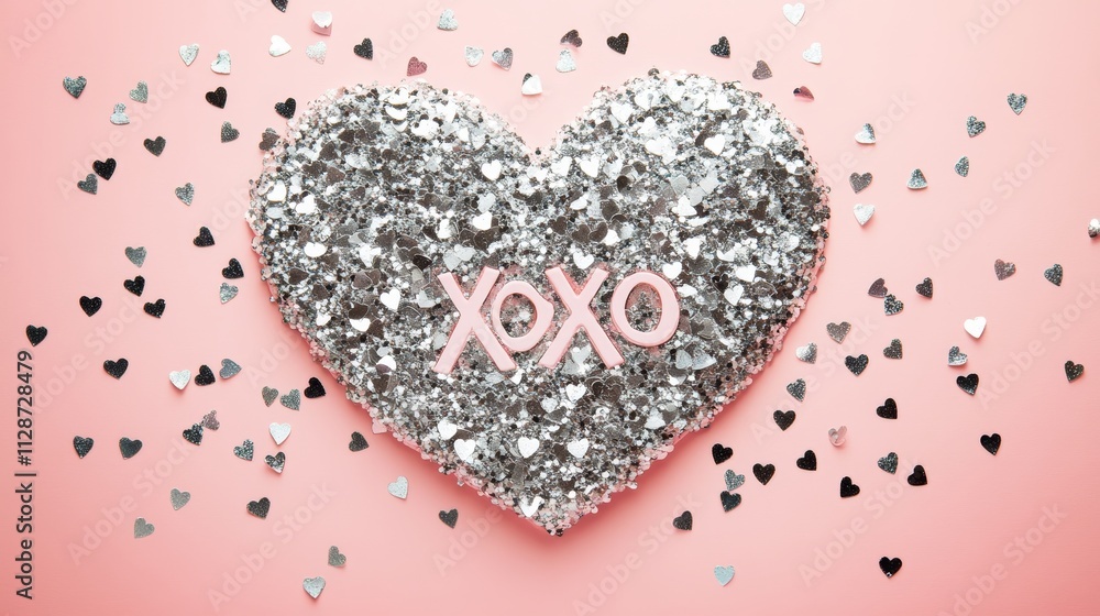 Heart made of silver confetti on pink background Valentines day greeting card with inscription XOXO Heart made of silver confetti on pink background Valentines day greeting card with inscription XOXO