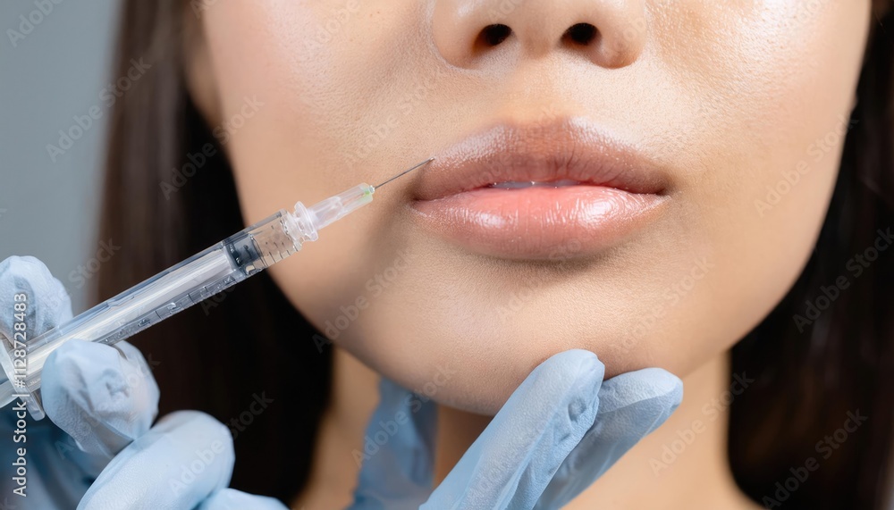woman's lips receiving a Beauty Facial skin injection. Concept of cosmetic enhancement, beauty treatment, medical procedure, and dermatology woman's lips receiving a Beauty Facial skin injection. Concept of cosmetic enhancement, beauty treatment, medical procedure, and dermatology