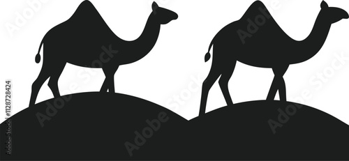 Silhouette Vector of Camels Walking on Sand Dunes