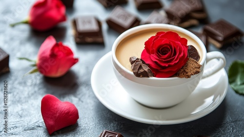 Picture of white cup with coffee and chocolate decorated with red rose on the table in Paris romantic honeymoon celebration anniversary in France Valentine day holiday love and romance concept