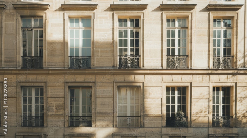 Parisian minimalist building, full wall with windows and doors, sunny afternoon light, serene atmosphere, no people present. Parisian minimalist building, full wall with windows and doors, sunny afternoon light, serene atmosphere, no people present.