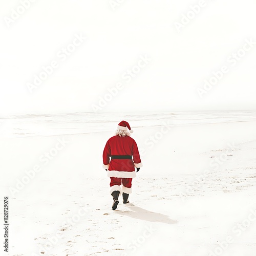 Santa claus walking on a snowy beach winter wonderland fun scene coastal landscape bright and whimsical photo