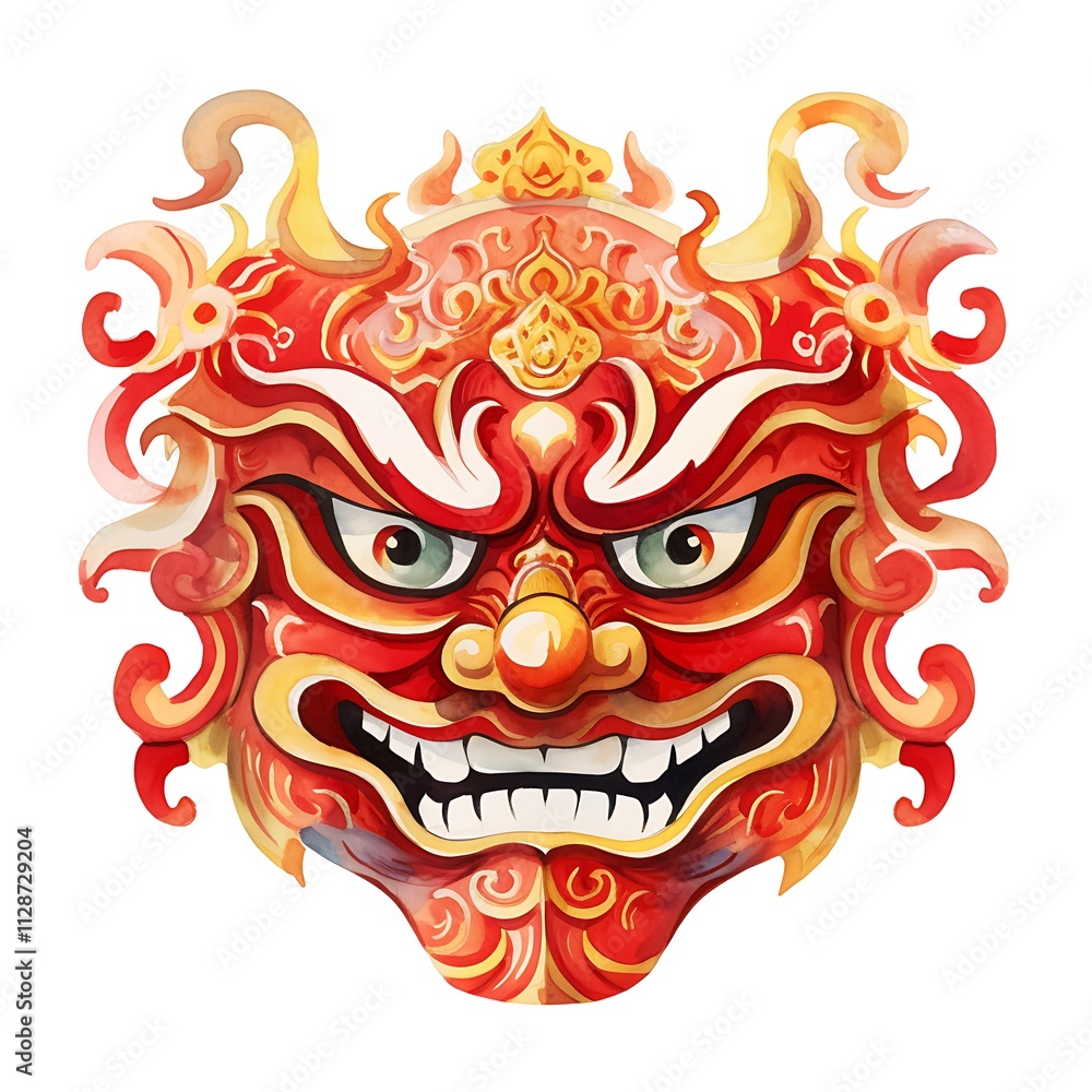Red chinese new year mask showing sharp teeth and aggressive expression Red chinese new year mask showing sharp teeth and aggressive expression