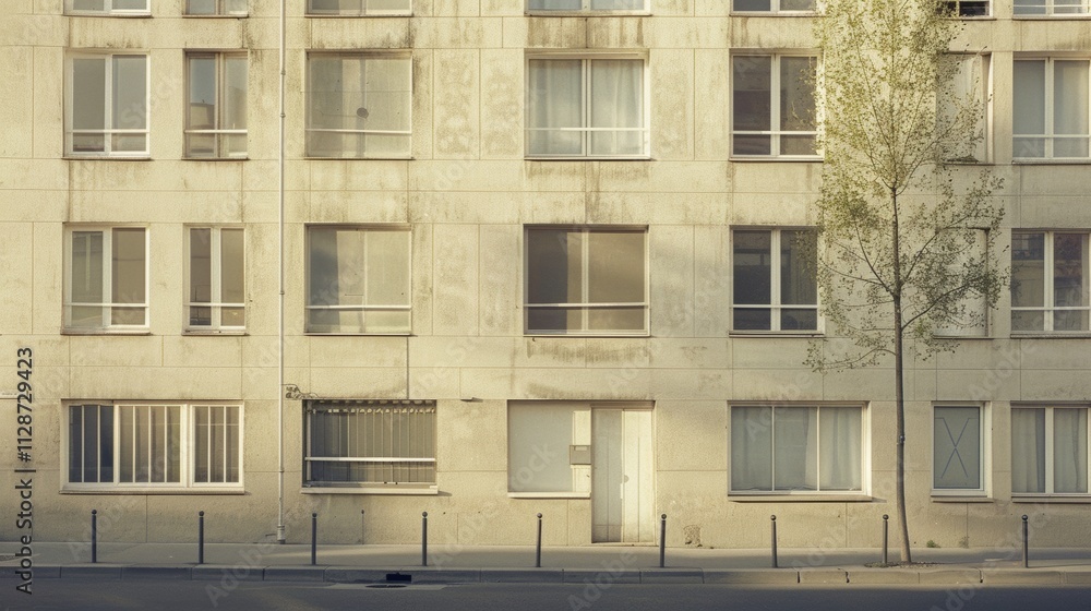 Obraz premium Parisian minimalist building, full wall with windows and doors, warm afternoon light, peaceful urban atmosphere, no people around.