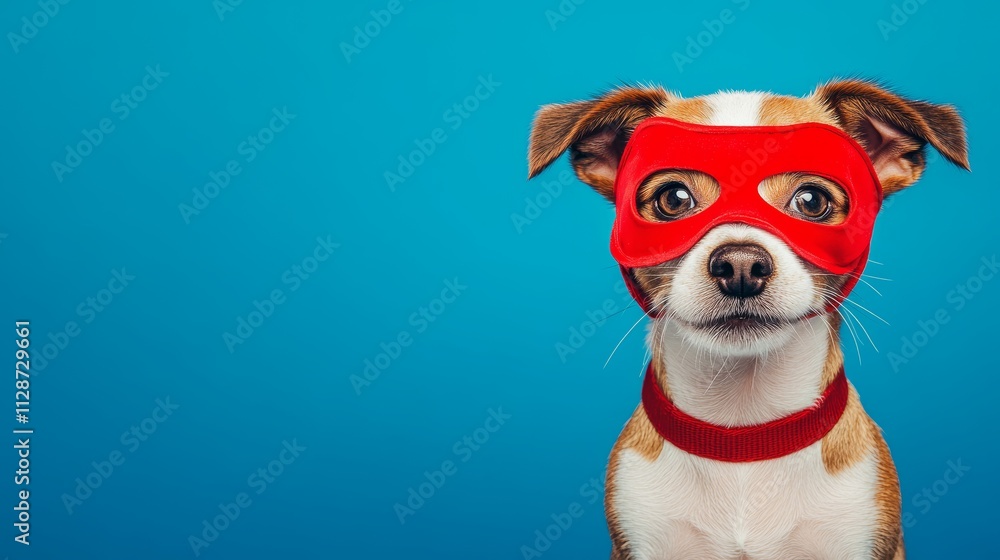 Fototapeta premium Dog super hero costume little jack russell wearing a red mask for carnival party isolated blue background