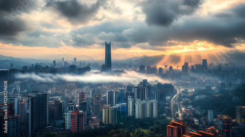 A futuristic city with rain pouring on one district sunlight on another and fog enveloping a third.