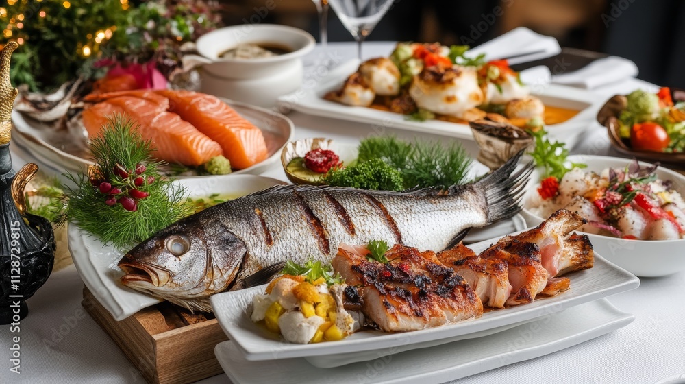 Grilled partridge sea bass Tartarus Different dishes on the table in the restaurant Grilled partridge sea bass Tartarus Different dishes on the table in the restaurant