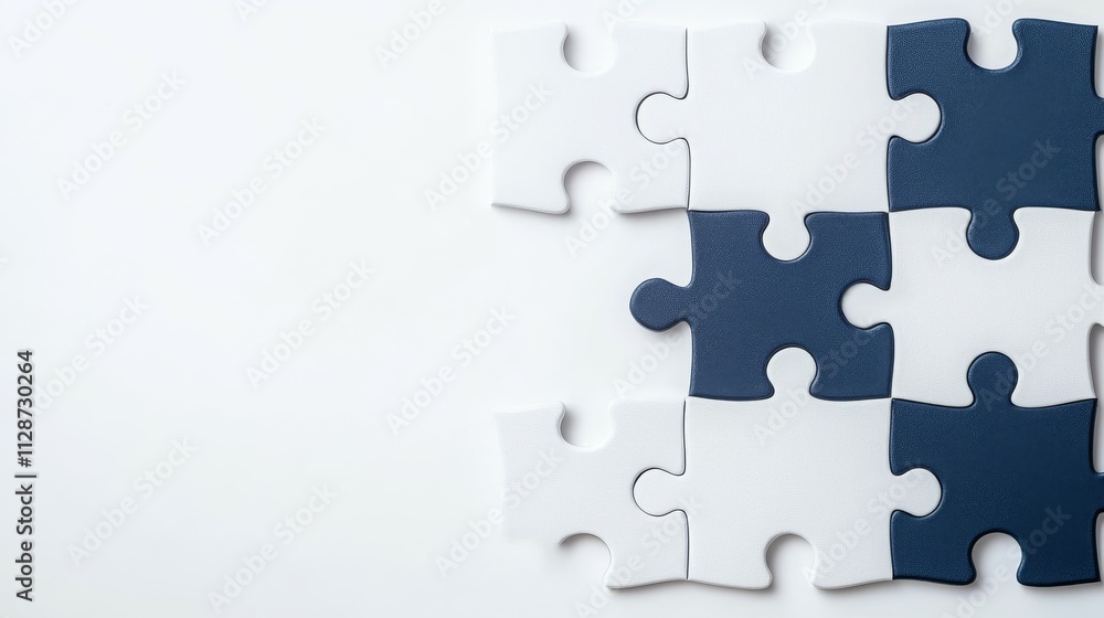 A partially completed puzzle with blue and white pieces against a plain background. A partially completed puzzle with blue and white pieces against a plain background.