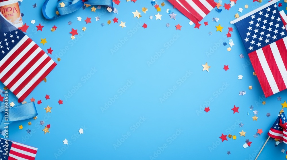 Obraz premium Happy Presidents Day banner with grosgrain ribbon American flags and confetti stars on blue background USA Independence Day American Labor day Memorial Day US election concept
