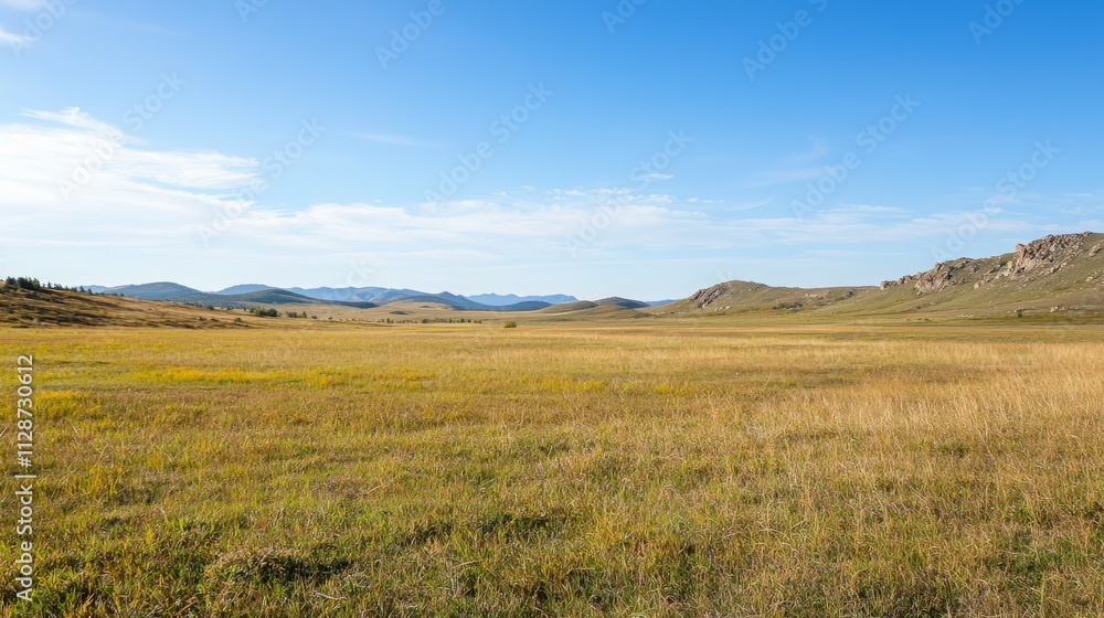 A vast, open landscape with rolling hills and a clear blue sky. A vast, open landscape with rolling hills and a clear blue sky.