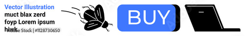 Insect flying towards buy button and laptop, representing software bug fixing. Ideal for tech services, software companies, debugging tools, online purchasing, digital solutions, tech support