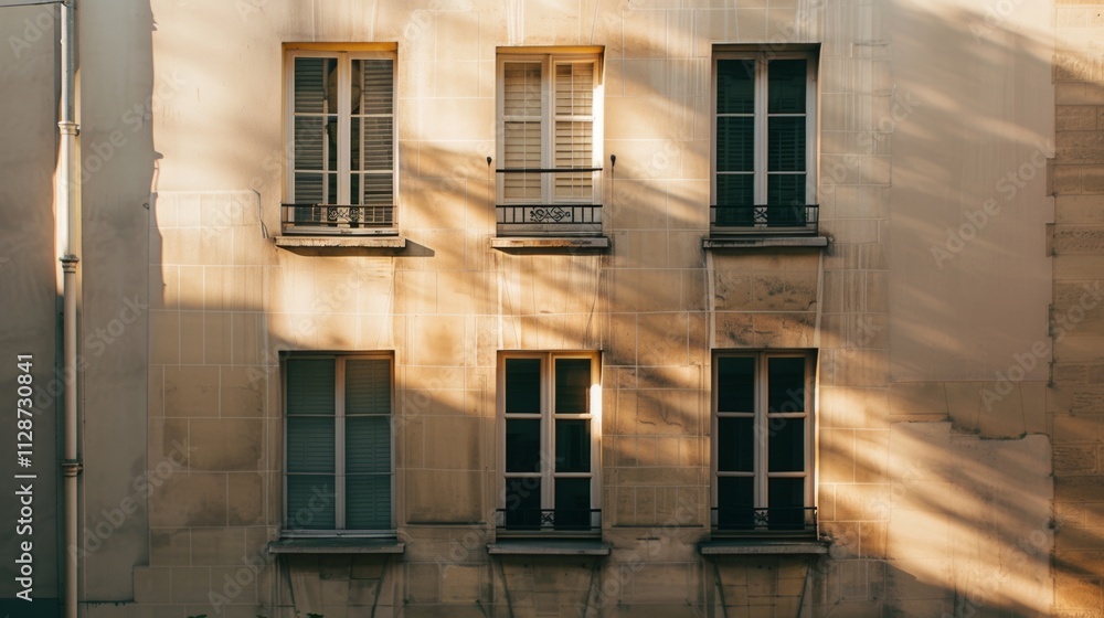 Parisian minimalist building, modern facade, facing a wall with windows and doors, warm sunlight, tranquil urban scene, no people visible. Parisian minimalist building, modern facade, facing a wall with windows and doors, warm sunlight, tranquil urban scene, no people visible.