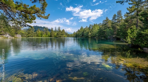 High-end photography of a tranquil lake surrounded by pine trees, with a clear blue sky and calm water