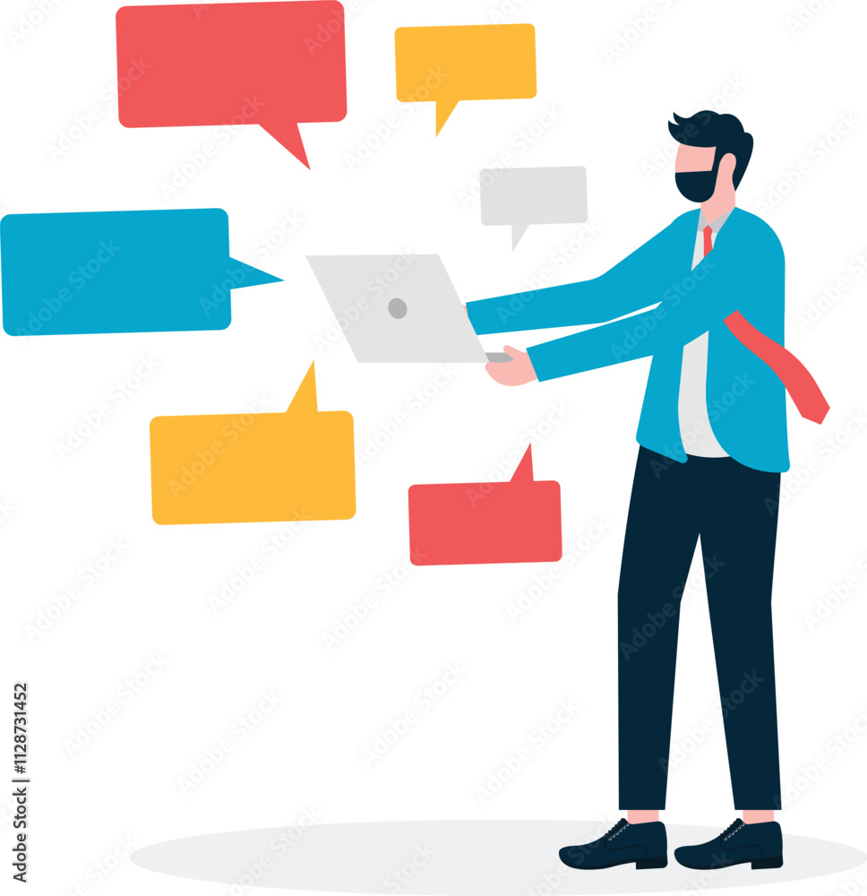 Communication problem or overload. Businessman holding a mobile phone full of online speech bubbles. Illustration
Communication problem or overload. Businessman holding a mobile phone full of online speech bubbles. Illustration