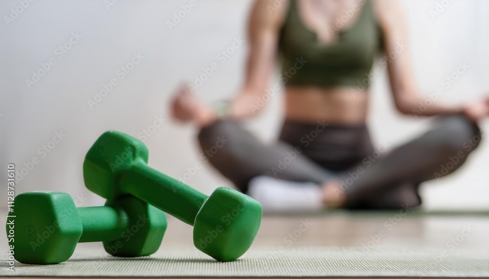 dumbbells on the floor, blurry woman doing yoga in the background dumbbells on the floor, blurry woman doing yoga in the background
