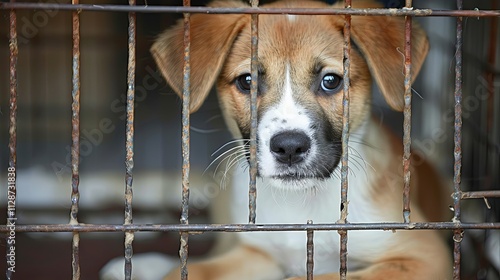 Abandoned cute puppy with sad eyes sitting in a cage in a shelter for homeless animals. Concept of protection of homeless animals