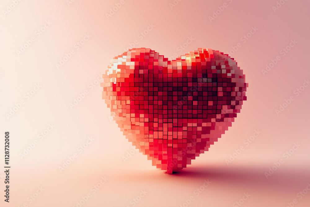 bright glossy 3D heart in pixel art style on a soft mocha mousse-colored background, perfect for a valentine's day card romantic and playful design  ideal for love-themed greetings and celebrations