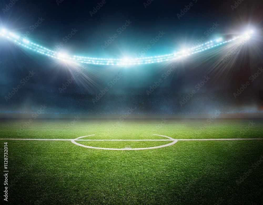 Obraz premium textured soccer game field with neon fog - center, midfield. Empty soccer stadium with spotlight and fan tribune football team. Concept of live sport events, 