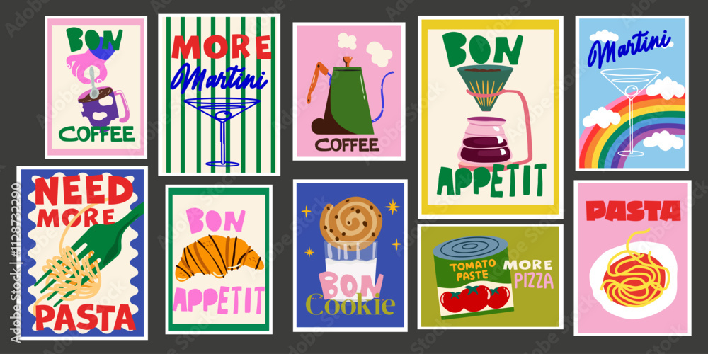 Abstract bright posters in retro style. Decor for wallpaper, walls and postcards. Vintage home decor food and drink banners set. Pasta, Martini, coffee, croissant and baking. Modern text Abstract bright posters in retro style. Decor for wallpaper, walls and postcards. Vintage home decor food and drink banners set. Pasta, Martini, coffee, croissant and baking. Modern text