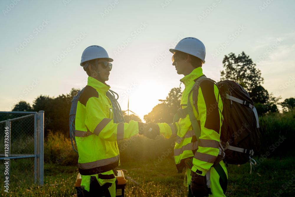 Two of wind turbine or windmill workers or technician shake hands and stand on base of wind turbine with warm light from sunset in the background. Two of wind turbine or windmill workers or technician shake hands and stand on base of wind turbine with warm light from sunset in the background.