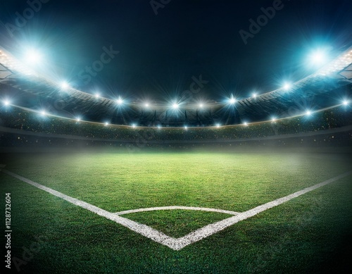 textured soccer game field with neon fog - center, midfield. Empty soccer stadium with spotlight and fan tribune football team. Concept of live sport events, 