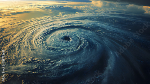 A hurricane approaching the coast with spiraling storm clouds over a tumultuous ocean. photo