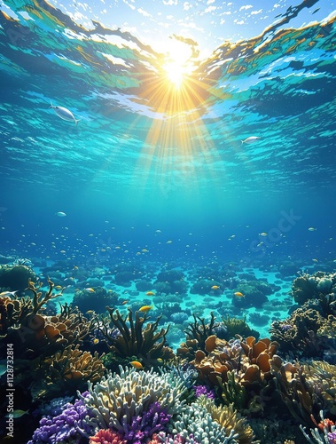 Wallpaper Mural Sunlit ocean floor with diverse sea creatures, blue sea, marine animals Torontodigital.ca