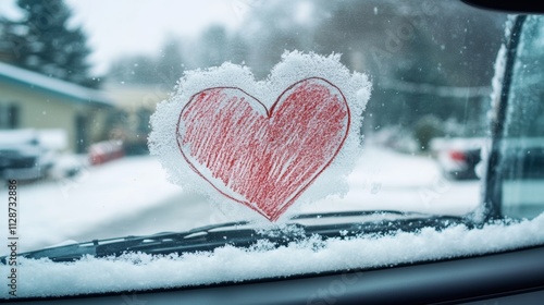 Finger-drawn heart on the snow-covered windshield of a carValentines Day conceptCreative Valentines Day background Copy space for text photo