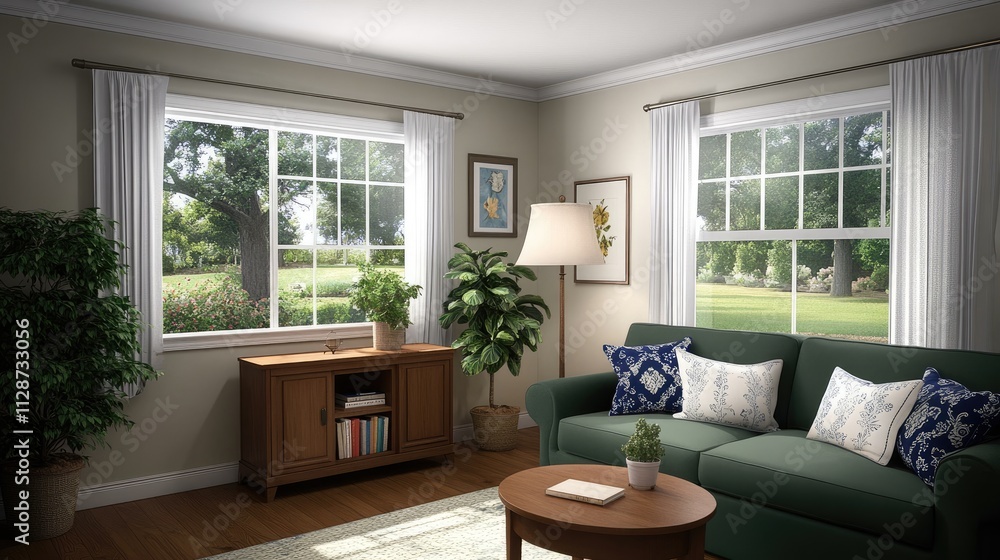 Fototapeta premium Stylish living room features a green sofa with blue cushions, round coffee table, and modern decor in Scandinavian design