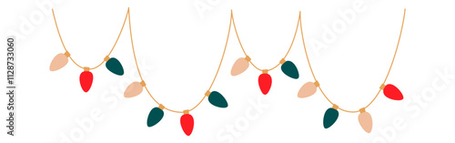 Christmas lights big sectioned garland with colored ellipse bulbs. Xmas festive string decoration with hanging retro lightbulb. Glowing lamps for holiday cards, banners, posters. Vector illustration.
