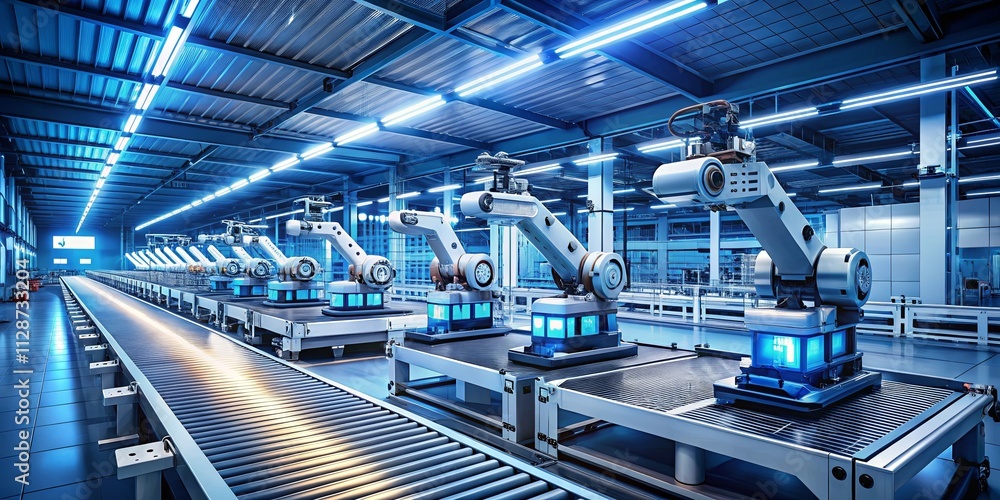 Fototapeta premium A Modern Assembly Line Featuring Robotic Arms Working in Unison to Streamline Production