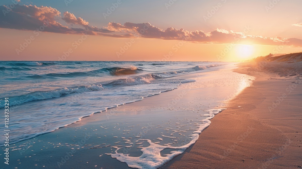 High-end photography of a tranquil beach at sunrise with waves gently lapping the shore High-end photography of a tranquil beach at sunrise with waves gently lapping the shore