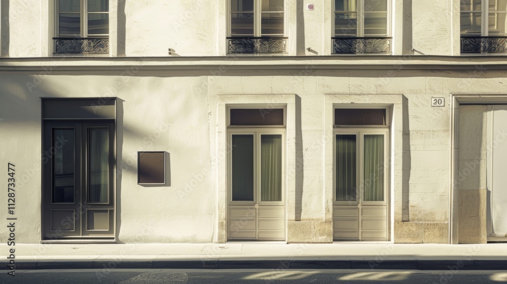 Fototapeta premium Parisian street view, modern minimalist architecture, full wall with windows and doors, warm sunlight, tranquil urban environment, no people visible.
